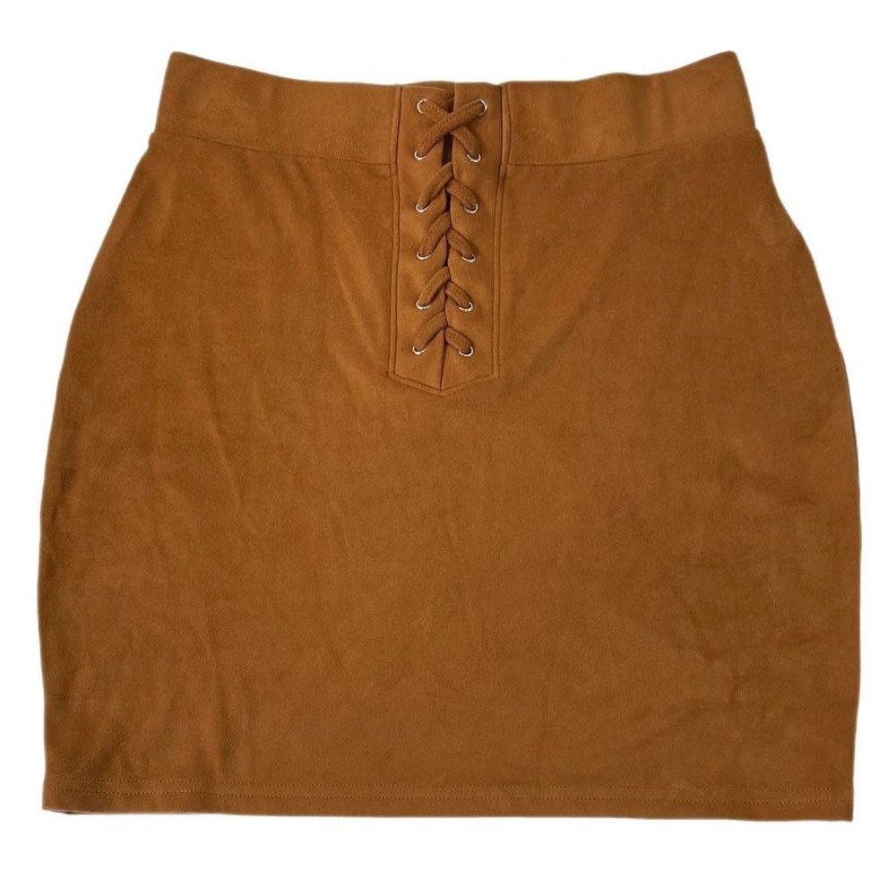 Forever 21 Womens Straight Skirt Brown Mini Lace Up Boho Faux Suede Elastic M